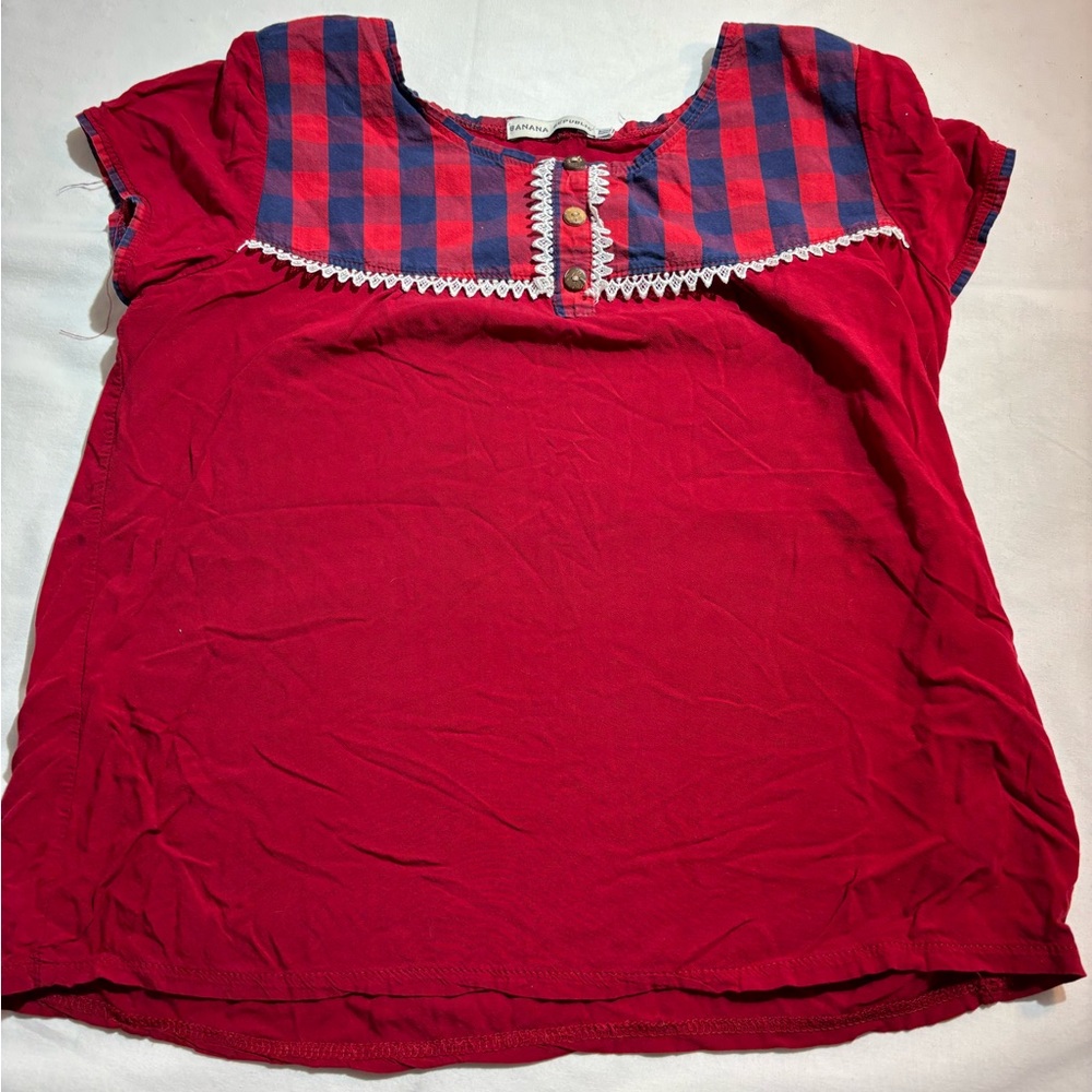 Banana Republic Girls Red Short Sleeve Top with Blue Plaid Yoke Sz XL